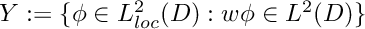 $Y := \{\phi \in L^2_{loc}(D): w\phi \in L^2(D)\}$