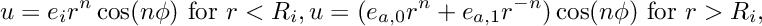 \[ u = e_i r^n \cos(n\phi) \text{ for } r < R_i, u = (e_{a,0} r^n + e_{a,1} r^{-n})\cos(n\phi) \text{ for } r > R_i, \]